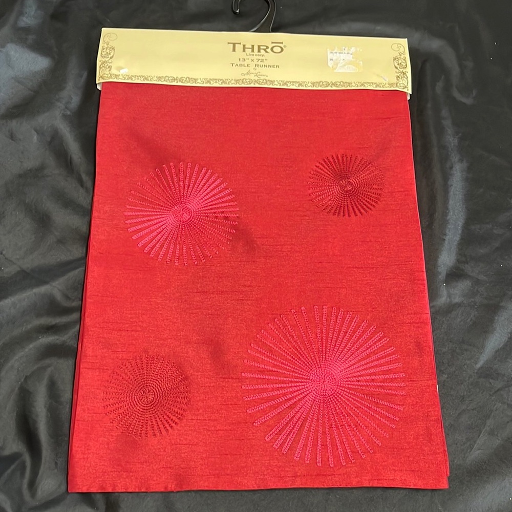 THRO Table Runner by Marlo Lorenz~Red Embroidered Spirals~NWT~13”x72”